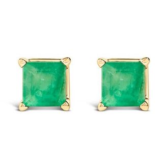House of Brilliance 14K Gold 5x5MM Princess Cut Gemstone Solitaire Stud Earrings in Green Emerald | Yellow at Nordstrom