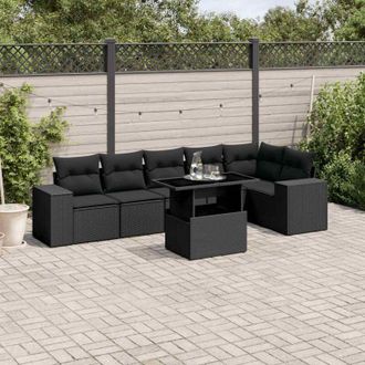 vidaXL Set De Sof&aacute;s De Jard&iacute;n 7 Pzas Con Cojines Rat&aacute;n Sint&eacute;tico Negro Vidaxl