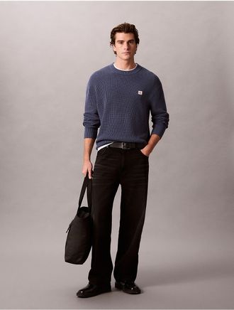 Calvin Klein Jeans Calvin Klein Mens Woven Monologo Waffle Knit Sweater - Blue - 2XL