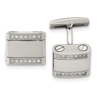 Diamond2Deal Stainless Steel Polished Cubic Zirconia Rounded Square Cufflinks