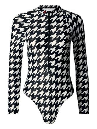 Perfect Moment Badpak met pied-de-poule print en halve rits - Zwart