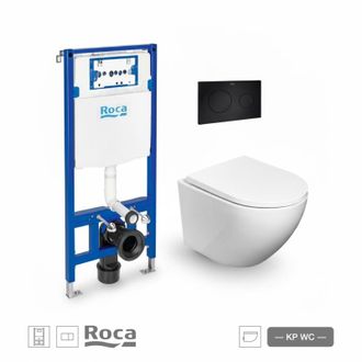 Roca Roca - Bastidor Duplo Pack Cisterna Empotrada Y Pulsador Pl10 Negro Con Inodoro Suspendido Round Smart 52cm Tor 3 Con Asiento Fino