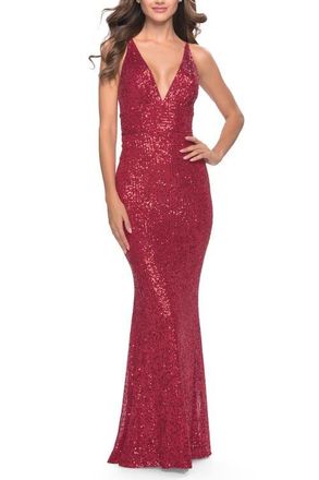 La Femme Sequin Stretch Long Prom Dress with Banded Waist in Red at Nordstrom, Size 12