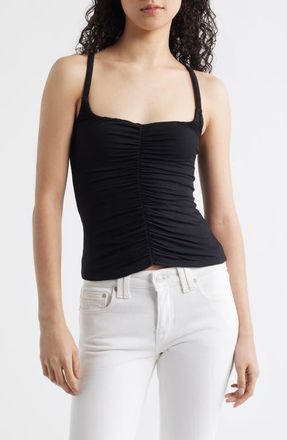 Free People Shimmer Shimmer Ruched Crossback Camisole in Black at Nordstrom, Size X-Large