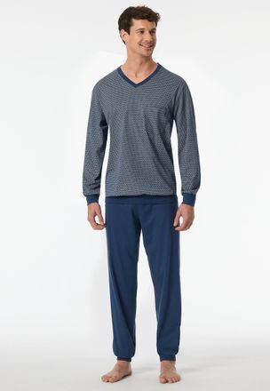 Schiesser Pyjama SCHIESSER Comfort Essentials, Herren, Gr. 54, blau (800, blau), Single Jersey, Obermaterial: 100% Baumwolle, bequem lang, V-Ausschnitt, Homewea