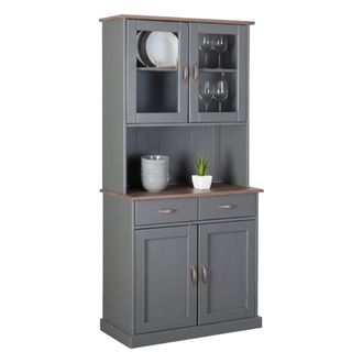 Dmora Buffet Avec 2 Portes Ferm&eacute;es, 2 Vitrines Et 2 Tiroirs, En Pin Massif Peint En Gris Avec Plateau Et Finitions Marron, 90x45x191 Cm - Dmora