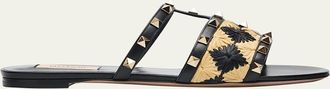 Valentino Garavani Rockstud Raffia Flat Slide Sandals