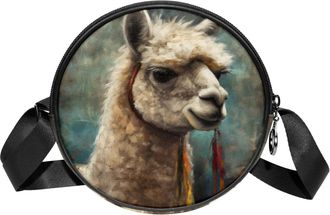 Generic Circle Crossbody Bag for Women, Vintage Alpaca Pattern Small Sling Bag Daypack with Zipper Adjustable Shoulder Straps Casual Ladies Girls Round Purse