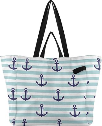 Generic Stripes Blue pattern Reusable Canvas Tote Bag, Heavy Duty Grocery Shopping Bag with Large Capacity Hard Bottom Double Handles Work Groceries Travel