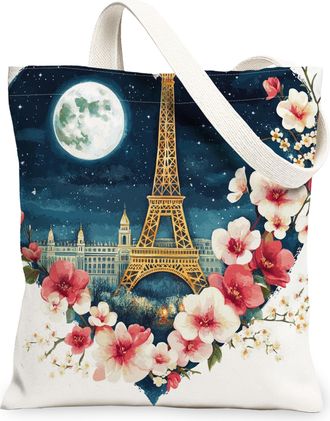 Generic Paris Floral Canvas Tote Bags, Elegant Blossom Design Reusable Grocery Bags, Spring Vintage Lightweight Washable Shoulder Strap 13x15 Inch