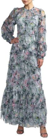 Mac Duggal Floral Long Sleeve High Neck Ruffle Detail Gown in Platinum Multi at Nordstrom, Size 16