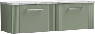 Nuie Nuie - Deco Wall Hung 2-Drawer Vanity Unit with Carrera Marble Worktop 1200mm Wide - Satin Green