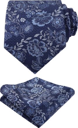 Alizeal Mens Floral Pattern Tie with Pocket Square Classic Formal Fashion for Business Wedding Necktie and Hanky Set, Navy