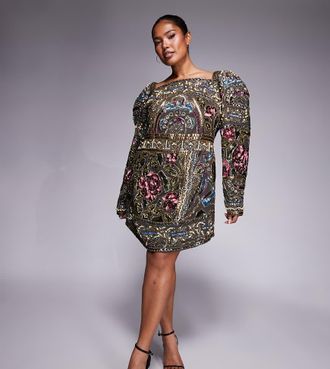 Asos Curve ASOS DESIGN Curve - Vestito corto decorato multicolore con scollo arrotondato alto e maniche bombate