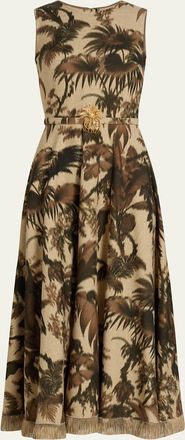 Oscar De La Renta Sleeveless Chine Palm-Print Belted Midi Dress