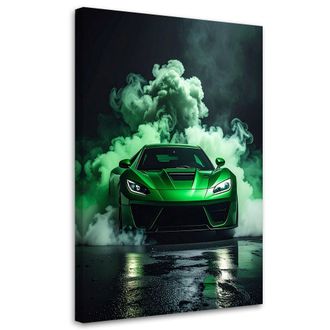 Feeby Cuadro Sobre Lienzo, Coche Deportivo Verde En La Niebla, 80x120