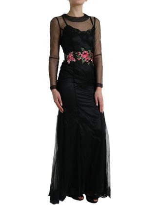 Dolce & Gabbana Womens Floral Embroidery Mesh Tulle Dress Black Nylon Cotton Silk