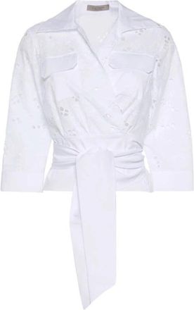 D.exterior Bloemenborduurwerk Wrap Shirt - Dames - Blouses - Wit - XS - Katoen - Overhemden