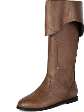 Generic Womens Vintage Round Toe Faux Leather Knee High Boots Fold-Over Cuff Metal Studs Flat Boots Stylish Comfortable For Cosplay Fashion Daily,Brown,9.5 UK