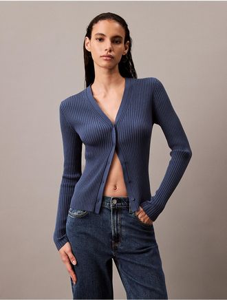 Calvin Klein Jeans Calvin Klein Womens Smooth Cotton Rib Sweater Cardigan - Navy - XS