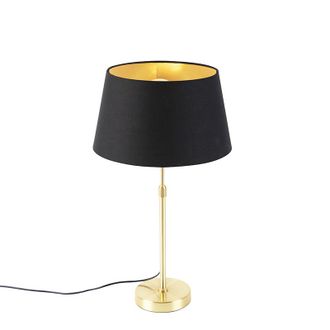 QAZQA Cl&aacute;sico/antiguo L&aacute;mpara De Mesa Dorada/lat&oacute;n Con Pantalla Negra Con Dorado 32 Cm - Parte Acero /algod&oacute;n Cil&iacute;ndra /alargada /redonda Adecuado Para Led 