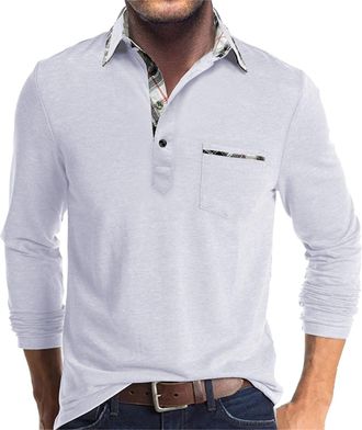 Generic Mens Business Shirts Long Sleeve Grandad Shirts For Men Uk Colour Block Plaid Button Down Collar Shirt Front Chest Pocket Slim Fit Stretch Henley T-Sh