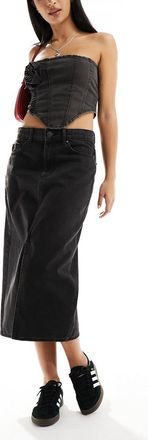 Only denim midi skirt with front split in washed black