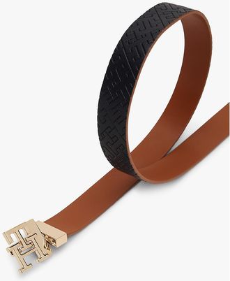 Tommy Hilfiger Womens Monogram Buckle Reversible Leather Belt - Brown - 30