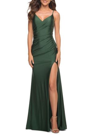 La Femme Diagonal Ruched Jersey Gown with V Neckline in Dark Emerald at Nordstrom, Size 4
