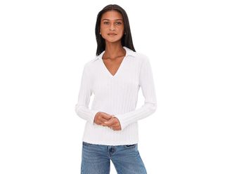 Michael Stars Liyah Long Sleeve Collared Top Womens Clothing White : LG (US 8-10), Cotton/Spandex/Viscose
