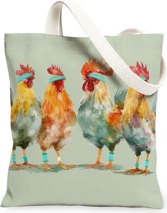 Generic Vintage Rooster Canvas Tote Bags, Playful Animal Pattern Reusable Grocery Bags, Lightweight Washable Shoulder Strap Canvas, Green, 13x15 Inch