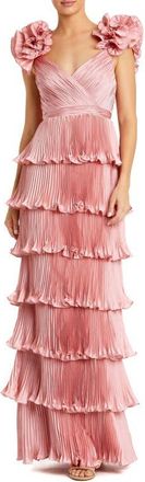 Mac Duggal Pleated Charmeuse Tiered Gown With Ruffle Straps in Rose at Nordstrom, Size 8