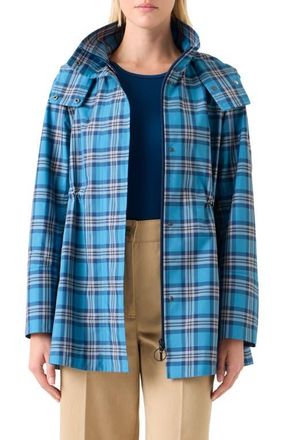 Akris Tartan Taffeta Hooded Coat in Blue/Beige at Nordstrom, Size 16