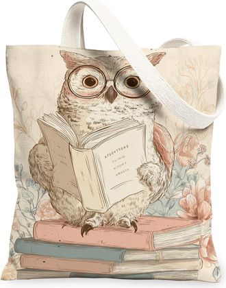 Generic Artistic Owl Canvas Tote Bags, Vintage Floral Pattern Reusable Grocery Bags, Lightweight Washable Shoulder Strap Canvas for, Beige, 13x15 Inch
