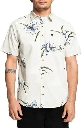 Quiksilver Apero Floral Short Sleeve Stretch Cotton Button-Up Shirt in Silver Birch Print at Nordstrom, Size Small