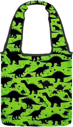 Generic Dinosaurs Green Reversible Canvas Shoulder Tote - Double-Sided Print, 12oz Cotton, 27cm Drop, Fold-Flat Bag for Travel, Shopping, Street Outings