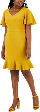 Kasper Womens Knit Flutter Sleeves Sheath Dress In Yellow