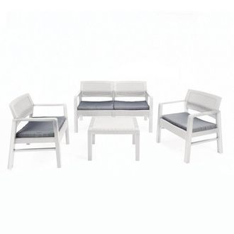 Trade Shop Trade Shop - Conjunto De Asientos De Jard&iacute;n Exterior Con Sof&aacute; 2 Sillas De Mesa De Caf&eacute; De Efecto Rat&aacute;n Con Almohadas - Blanco