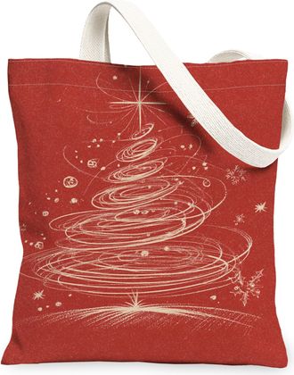 Generic Christmas Tree Canvas Tote Bags, Stylish Holiday Design Reusable Grocery Bags, Vintage Lightweight Washable Shoulder Strap, Red, 13x15 Inch