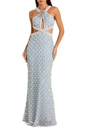 Mac Duggal Blue Sleeveless Halter Cutout Pearl Embellished Gown in Vintage Blue at Nordstrom, Size 4