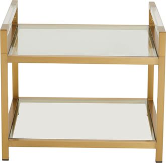 Premier Housewares Matte Gold 2 Tier End Table, Modern Art Deco Style, Glass Shelves and Durable Stainless Steel Construction
