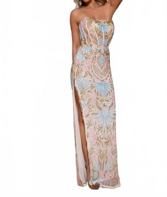 Rachel Allan Fringe Slit Strapless Corset Dress In White/blue/pink