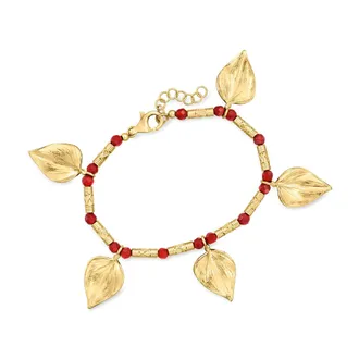 Ross-Simons Red Carnelian Bead Leaf Bracelet in 18kt Gold Over Sterling