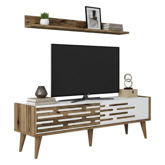 Dmora Dmora - Mueble De Televisi&oacute;n Achernar, Aparador De Sal&oacute;n, Mueble Bajo Para Tv, Base De Pared Equipada, 140x45h35 Cm, Nogal Y Blanco, Con Embalaje Refo