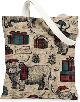 Generic Christmas Cow Canvas Tote Bags, Vintage Animal Pattern Reusable Grocery Bags, Rustic Lightweight Washable Shoulder Strap Ca, Beige, 13x15 Inch