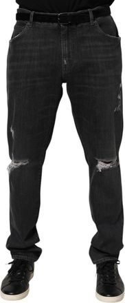 Dolce & Gabbana Mens Black Cotton Slim Fit Distressed Ripped Logo Jeans Blue Clothing
