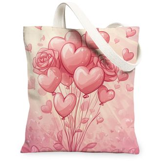 Generic Valentines Day Rose Floral Canvas Tote Bag for Shopping 13x15, Pink Fun Romantic Love Flower Reusable Grocery Print Pattern Bag for Women, Holiday Bea