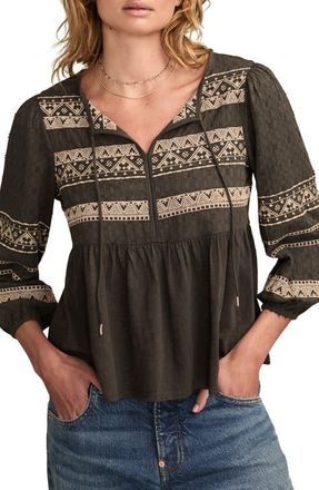 Lucky Brand Embroidered Peasant Top in Raven at Nordstrom, Size Xx-Large