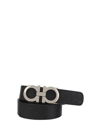 Ferragamo Mens Belt Double Adju Patterned Black Calf Leather