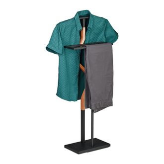 Relaxdays Gal&aacute;n Noche Camisa Y Pantal&oacute;n, 107 X 47,5 X 20 Cm, Mozo Colgador, Percha Pie Dama, Acero, Mdf, Negro Y Natural - Relaxdays